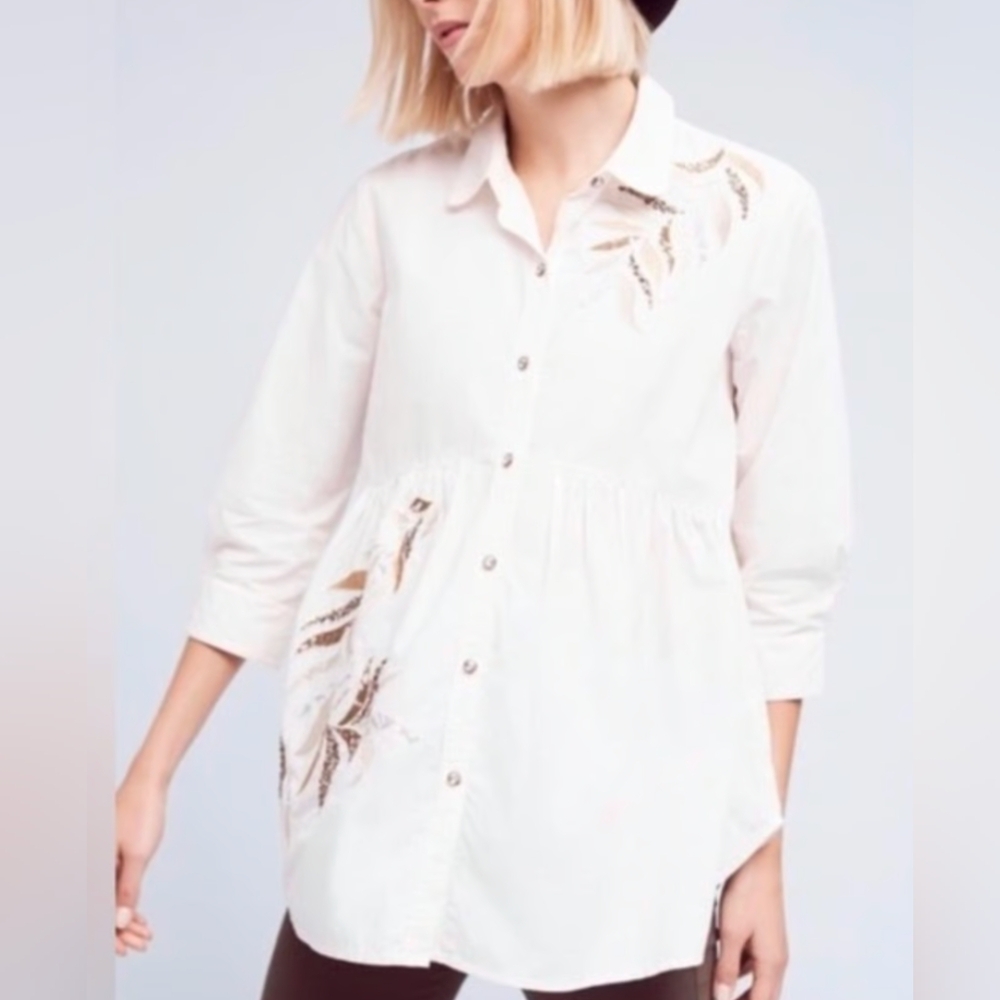 Anthropologie Holding Horses White Leaf Print Cotton Button Down Shirt